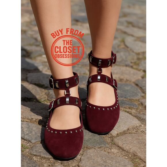 ZARA Leather Studded Ballet Flats NWT | Burgundy Suede Buckle Strap 7.5–8 - Picture 1 of 16